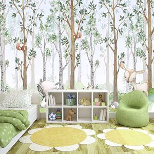 NEW  106" x 70" Wallpaper Watercolor Forest Cartoon Animals Wall Murals